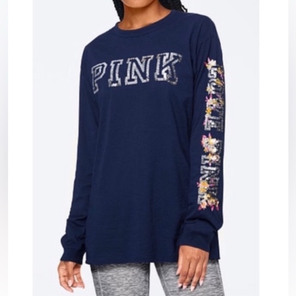 PINK Victoria's Secret navy blue long sleeve tee with bling detail front and arm